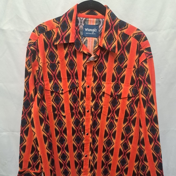 Mens Wrangler Orange Aztec Checotah Cotton Pearl Snap Button Up Shirt Sz M EUC - Picture 1 of 9